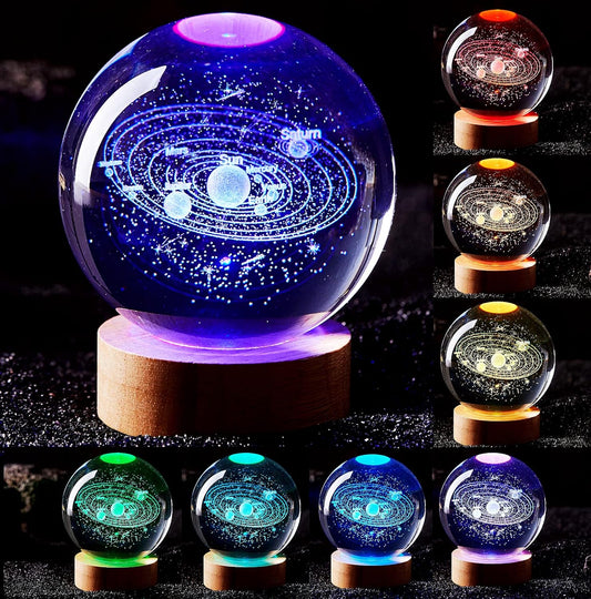 3D Solar System Crystal Ball Lamp,3.15 Inch K9 Crystal Ball Night Light with Wooden Base,16 Colors Changing with Remote Control,3D Planet Laser Engraving Holographic Crystal Ball Light (Solar System)